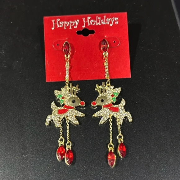 Reindeer Earrings, Christmas,  Gold rhinestone drop - Picture 1 of 4